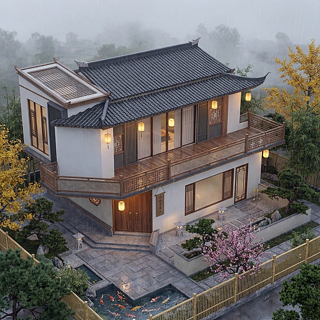 严格保留原图建筑结构及视角，修改为：中式古典园林风格，白墙黑瓦，飞檐翘角，凸出天窗保留玻璃质感。营造萧瑟秋意氛围：细雨蒙蒙，雾气朦胧，宁静致远。光影调整：电影级柔光，阴天散射光，灯笼透出微暖光，暗部不死黑，整体光影软润，室内仅隐约亮一两盏灯。添加细节：湖水配锦鲤，粉花桃树，银杏黄叶，绿树点缀，保留木栏杆近景。画质技术：8K超高清，高动态范围，体现湿润空气感，植物叶片通透带水珠，使用Hasselblad X2D 100C镜头质感，1:1比例。色调要求：清冷基调点缀灯笼暖色，形成视觉对比，背景雾气柔和，突出园林纵深，打造高端景观质感，避免画面平硬暗。