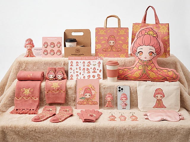 IP形象周边产品设计展示图：将山茶妖IP延展应用于多种可爱童趣风格的周边产品中，包括异形名片、多个徽章、咖啡提手架、包装袋、多个贴纸、咖啡杯及杯套、围巾、袜子、手套、线圈笔记本、毛绒抱枕、手机壳、手提袋、钥匙链、眼罩等；所有产品统一使用IP核心视觉元素（粉色山茶发髻、胭脂色服饰、金色山茶团花等），有序陈列于白色背景下的毛绒展台上；整体呈现专业布光与产品摄影质感，突出品牌一致性与产品多样性; 实景拍摄风格，干净背景，契合可爱品牌调性