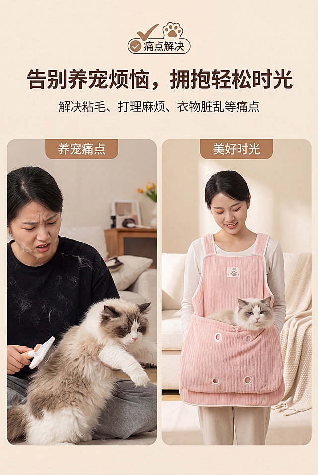 左右分栏，左侧展示养宠痛点（衣物沾满猫毛、猫咪抗拒清洁），右侧展示使用抱猫围裙后的美好场景（干净衣物、猫咪舒适放松），主标题"告别养宠烦恼，拥抱轻松时光"居中放置在画面顶部，副标题"解决粘毛、打理麻烦、衣物脏乱等痛点"位于主标题下方，搭配"痛点解决"简约图标，严格还原抱猫围裙产品细节，对比视觉强烈，暖调治愈氛围，突出产品解决痛点的核心能力，避免痛点展示过于负面压抑，避免对比不清晰，避免文字过多，避免背景杂乱，避免出现暴力对待猫咪的画面