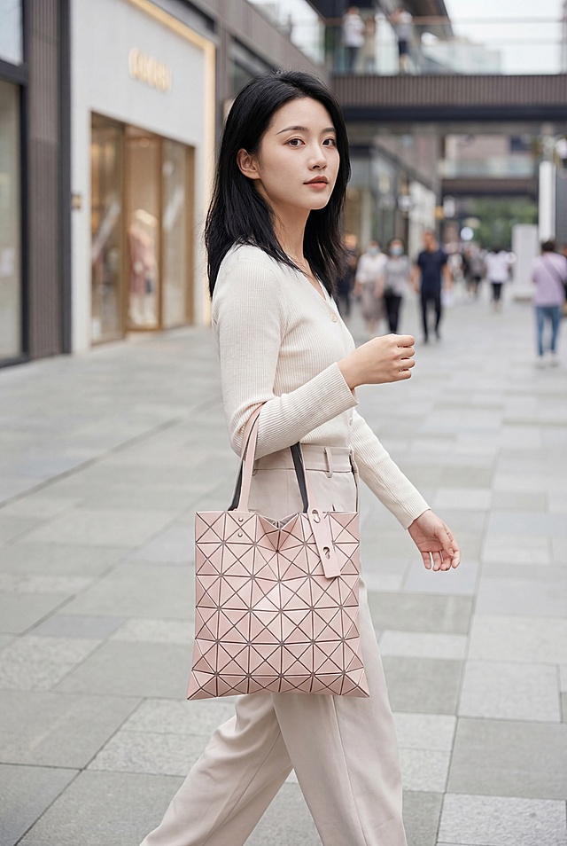 浅粉色几何菱格拼接手提包，保持几何拼接结构和颜色物理结构绝对不变，由东亚年轻美女模特手持在步行街背景中展示，美女模特黑发白皙皮肤，妆容自然，行走抓拍动态姿态，与步行街环境互动，背景是干净时尚的商业步行街，地面是浅色步道砖，远处虚化的店铺，拉开景深，柔和漫射光影，低对比度，莫兰迪浅色调，商业高端时尚摄影，4K分辨率，极高材质细节，保持产品立体饱满，西方面孔,金发,深眼窝,雀斑,杂乱背景,死黑阴影,硬光,高对比度,变形,扭曲,比例失调,塌陷,同类商品