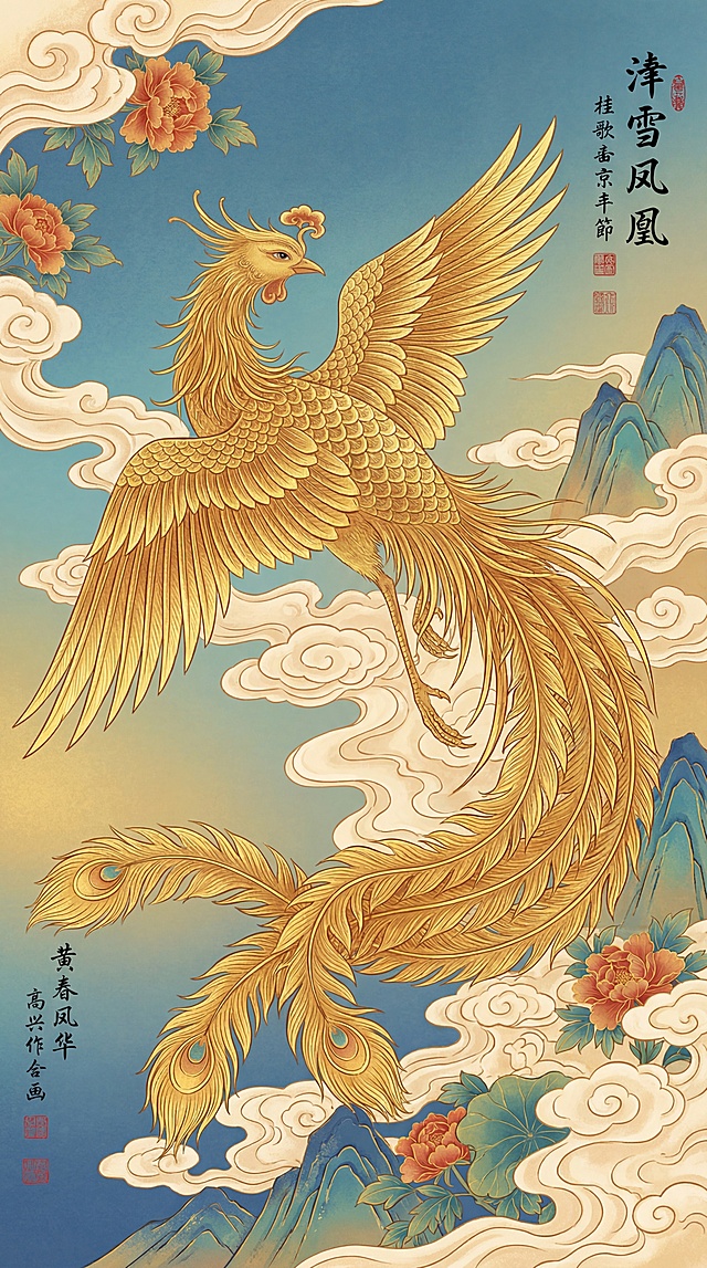 国风工笔画，高清金色凤凰飞翔在云层之间，优雅大气，传统中国风祥瑞凤凰，超高清细节，线条流畅，色彩华丽，蓝金渐变背景