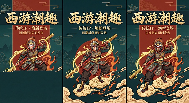 西游记主题电商海报，设计独特小众非大众款式，适配20-30岁年轻人风格，融合传统中国西游记元素，去掉低幼儿童感，采用国潮新中式潮流设计，整体视觉冲击力强，简约高级，吸引年轻人眼球，包含孙悟空、金箍棒、祥云等国风符号，构图层次高级，配色沉稳潮流，适合电商宣传推广