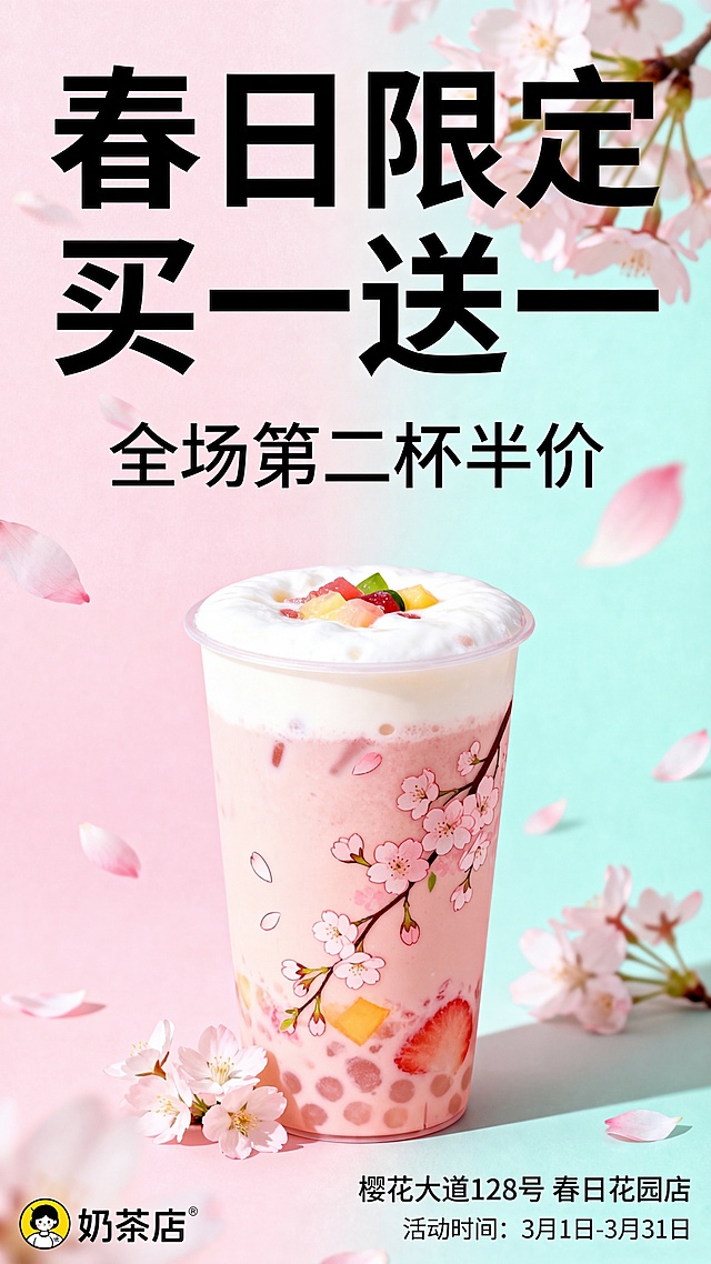在活动时间上方添加一行门店地址文字，地址填写为"樱花大道128号 春日花园店"，保持原海报清新治愈风格、蔷薇色搭配春日青配色和樱花元素不变，排版简约，高清商用