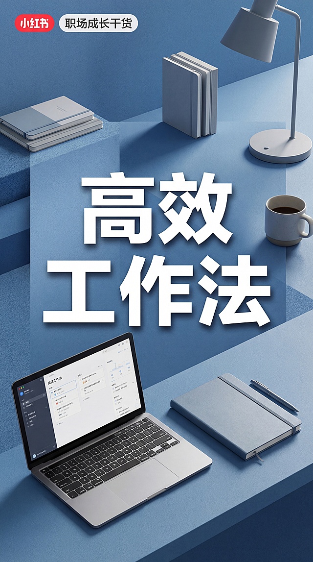 小红书职场成长干货封面，简约高级风格，整体蓝色系配色，画面中央放置醒目标题文字"高效工作法"，增加办公桌面、笔记本电脑、简约笔记本等职场相关元素，层次感丰富，适合小红书平台展示