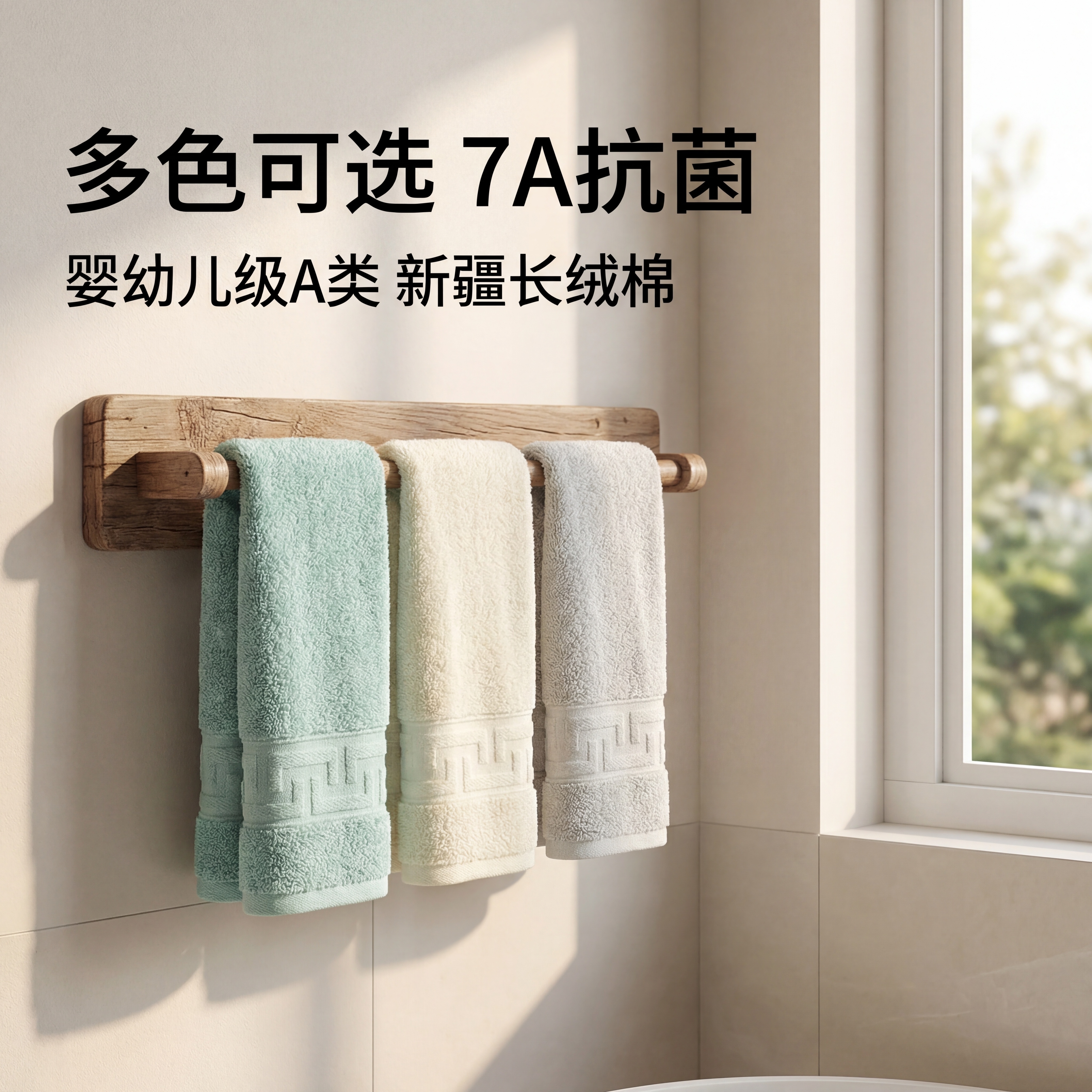 生成浴室场景毛巾主图，完全参考上传图片的三种颜色：浅青、奶白、… - 图片创意预览