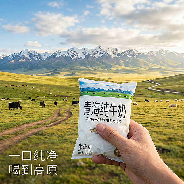 [主图4场景体验] 第一人称视角，手拿一袋青海纯牛奶，背景是远处青海草原山坡和雪山，暖金色阳光透过云层洒在草地上，氛围清新自然，生活方式感，高清实拍，牛奶袋主体清晰，背景自然虚化，文案“一口纯净 喝到高原”浅白色无衬线字体悬浮在左下角，不遮挡产品。