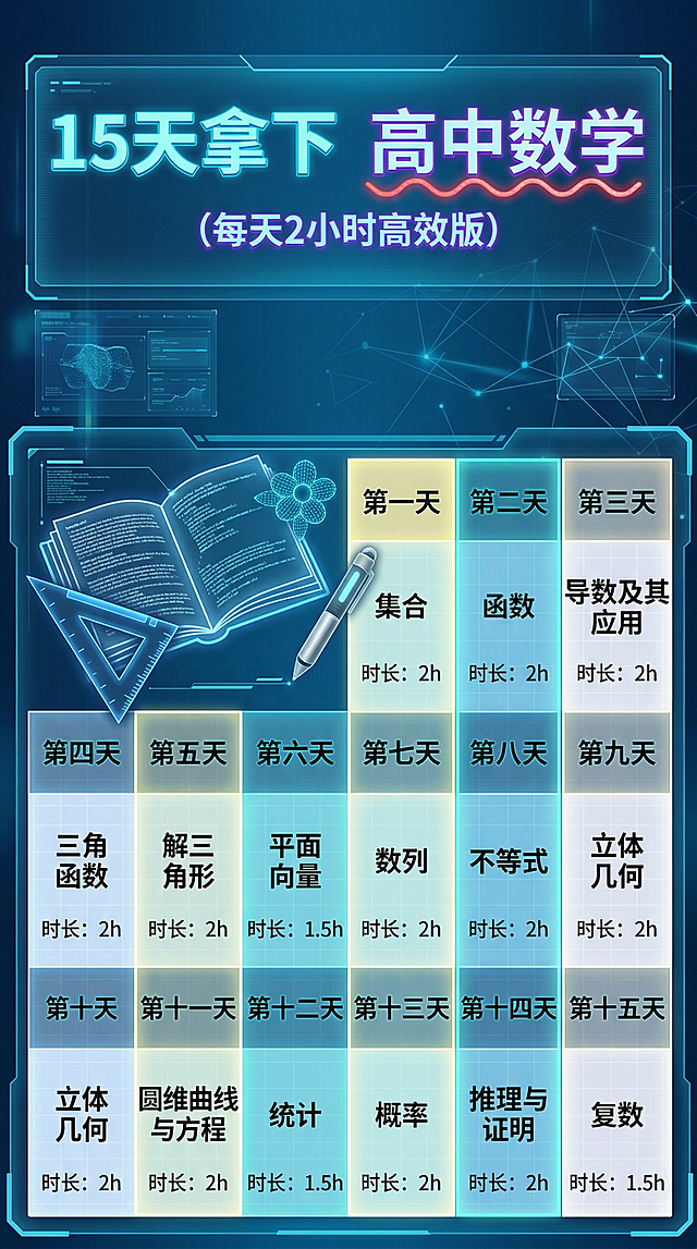 保留原图所有文字内容，生成赛博朋克未来科技风格竖版学习计划表，保留全部文字和知识点安排