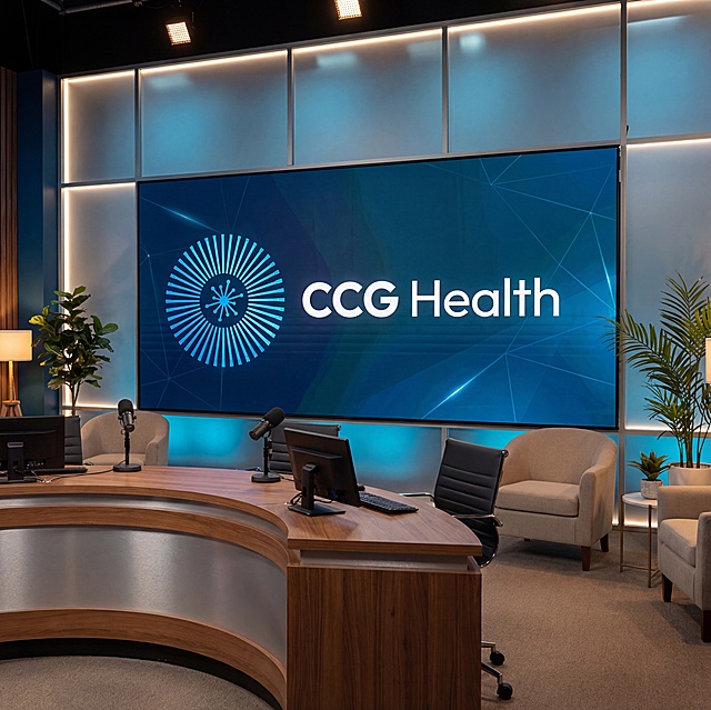 参考提供的海蓝色放射圆形LOGO，为品牌“CCG Health”设计企业直播间背景墙，主色调海蓝色，现代精致亲切风格，背景墙上展示品牌LOGO和品牌名称“CCG Health”，整体简约现代