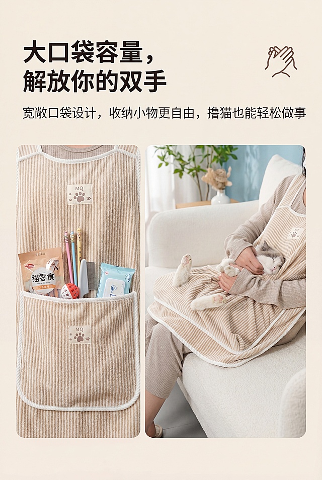 左侧为卡其色抱猫围裙大口袋特写，里面放置猫零食、逗猫棒等小物，右侧为模特双手空着，怀里抱着猫咪，背景为居家沙发场景，画面上方左对齐放置文字，主标题是"大口袋容量，解放你的双手"，副标题是"宽敞口袋设计，收纳小物更自由，撸猫也能轻松做事"，搭配"解放双手"简约图标，严格还原产品设计细节，包括包装设计、颜色、LOGO位置、文字内容、图案元素，产品尺寸比例1:1，高80cm，底部宽64cm，口袋宽52cm，口袋高35cm，突出口袋容量与实用性，暖调生活化场景，视觉清晰直观，避免口袋细节模糊，避免小物杂乱堆砌，避免文字遮挡产品，避免背景过于花哨，避免出现无关电器