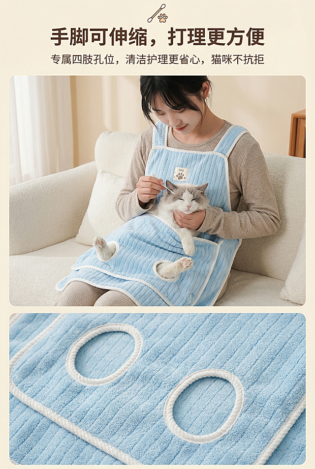 上半部分为年轻女性用棉签给猫咪清洁耳朵，猫咪四肢从浅蓝色围裙伸缩孔自然伸出，姿态放松，下半部分为围裙手脚孔细节特写，画面顶部居中放置文字，主标题是"手脚可伸缩，打理更方便"，副标题是"专属四肢孔位，清洁护理更省心，猫咪不抗拒"，搭配"清洁护理"简约图标，严格还原产品设计细节，包括包装设计、颜色、LOGO位置、文字内容、图案元素，产品尺寸比例1:1，高80cm，底部宽64cm，口袋宽52cm，口袋高35cm，场景化展示功能实用性，暖调温馨氛围，动作自然流畅，避免猫咪姿态僵硬，避免功能展示不清晰，避免文字过多，避免背景杂乱，避免出现暴力清洁动作