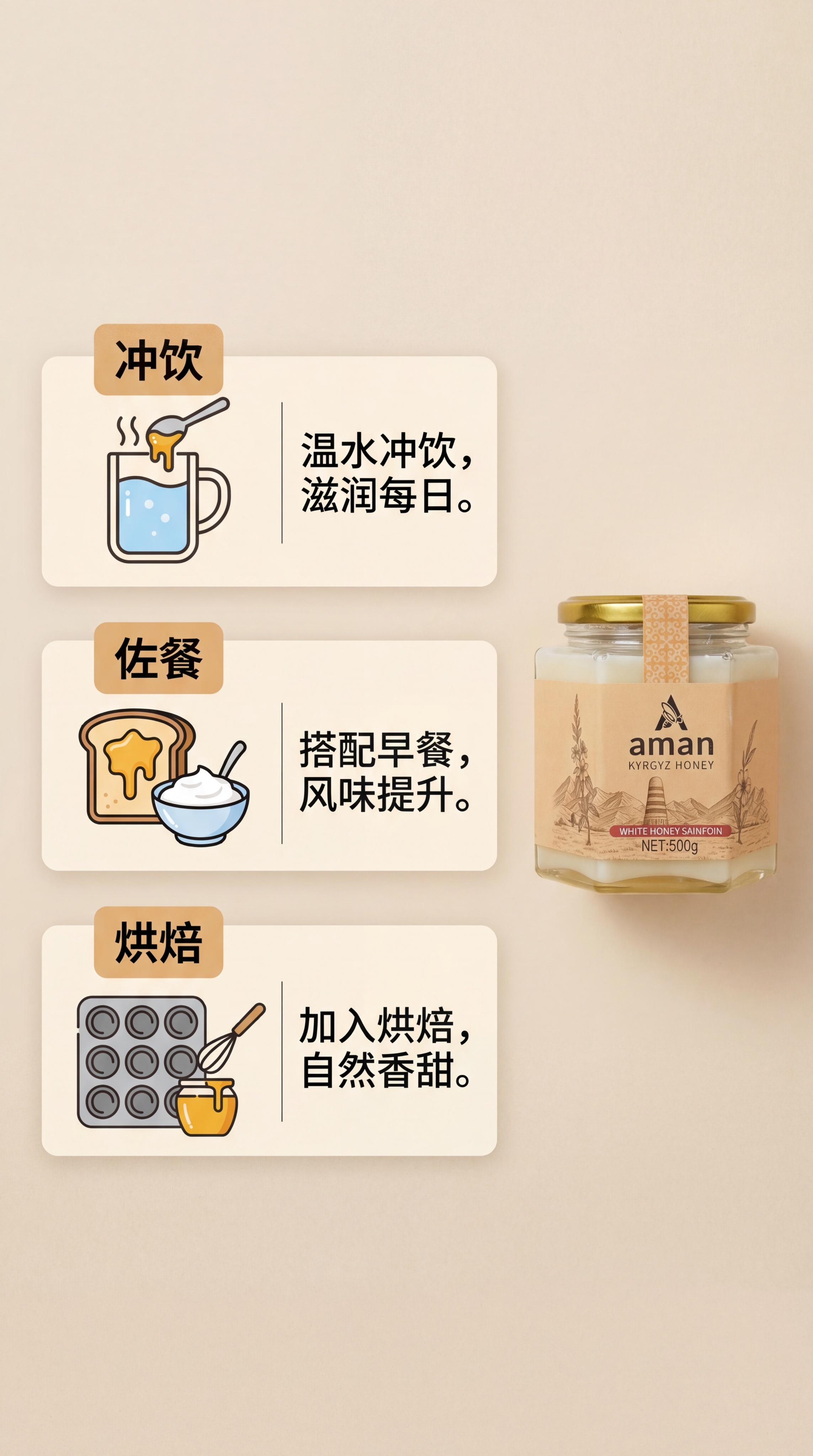 画面分为三个图文块，分别对应冲饮、佐餐、烘焙三种食用方式，每个… - 图片创意预览