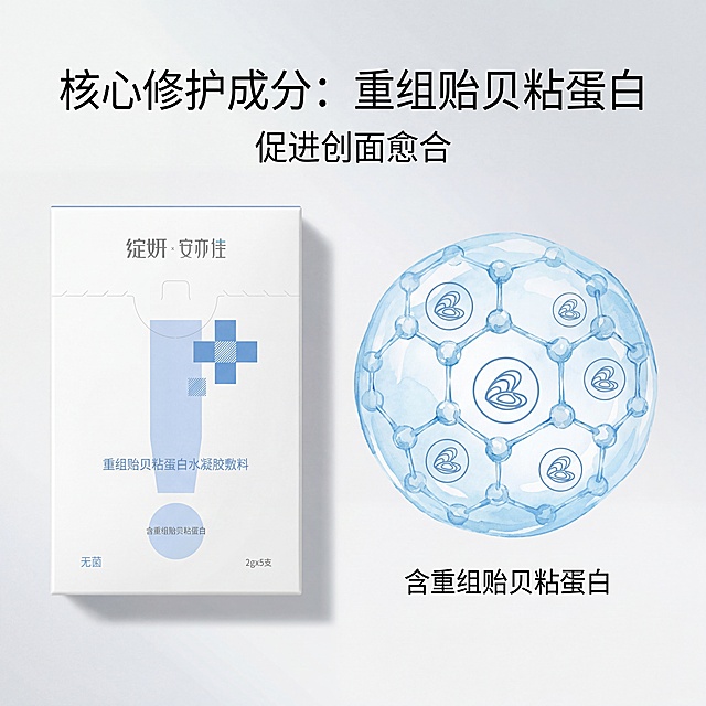 严格还原上传的产品图：绽妍・安亦佳 医用修护敷料，白色哑光纸盒，蓝色文字与图案清晰锐利；画面1:1竖版; 主标题"核心修护成分：重组贻贝粘蛋白"，副标题"促进创面愈合"；产品盒置于画面左侧（占1/3），右侧为成分示意图：浅蓝色水凝胶分子结构 + 贻贝粘蛋白图标，文字标注"含重组贻贝粘蛋白"；左右分栏布局，视觉焦点在右侧示意图，产品与示意图比例协调; 白+浅蓝主色调，柔和光影，浅灰渐变背景，图标简约线性风格，无衬线体文字清晰易读。禁止修改包装细节，禁止添加无关成分，禁止模糊边界，禁止夸张特效、噪点、色差，禁止改变字体排版。