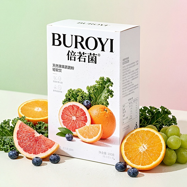 倍若菌轻饮果蔬粉包装盒，白色纸盒包装，正面文字"BUROYI倍若菌"和"天然果果蔬粉"，保持物理结构绝对不变，严禁包装扭曲或文字变形。主体占画面70%，平稳放置在浅淡干净平面上，产品前方半环绕摆放新鲜西柚切片、橙子、羽衣甘蓝、蓝莓、葡萄鲜果。浅绿到浅粉渐变背景，拉开景深。全屋漫射柔光，低对比度，阴影极淡柔和，画面明亮干净，清新通透健康氛围，符合种草感和治愈调性。增加新鲜水润质感，鲜果表面带细微水珠，提升食欲感。商业高端美食摄影，极写实质感，细节清晰，健康轻食氛围。