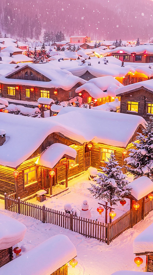 参考原图生成全新不同构图的雪乡风景高清图，厚积雪覆盖木屋屋顶，暖黄灯光从屋内透出，木栅栏小院挂红灯笼，梦幻冬日雪景，保持原图风格，97厘米宽290厘米高，4K超高清画质