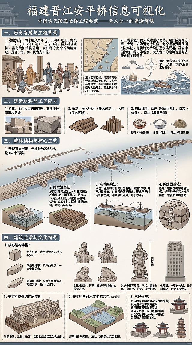 制作一张福建晋江安平桥的信息可视化流程图A3展板，竖版9:16比例。整体为复古精致、信息密度高的图解风格，色彩采用东方低饱和古建筑色系，包括青石灰、浅棕、米白、雅黑、柔红，凸显古朴厚重的古桥韵味。所有文字为专业中文知识解析，使用清晰端正的楷体，包含以下核心板块：一、历史发展与工程背景：1.始建演变：南宋绍兴八年(1138年)动工，绍兴二十二年(1152年)竣工，历时14年，僧人祖派主持，富商黄护捐资倡建，泉州郡守赵令衿续建完成，是官、僧、商、民合力工程。2.工程背景：南宋政治重心南移，泉州成为东方第一大港，安海港海运繁盛，海湾摆渡受飓风潮波威胁，急需跨海桥梁打通水陆联运。阐述安平桥蕴含的中国传统工程力学理念、天人合一的建筑智慧与古代水利工程背景。二、建造材料与工艺配方：1.桥体通体采用金门大百屿花岗岩，石质坚硬耐海水腐蚀；桥基采用松木/杉木（睡木沉基）、木桩（深水区域）；辅助材料：蛎壳（种蛎固基）、白灰（勾缝）、麻丝（填缝防潮）。三、整体结构与核心工艺：1.宏观展示安平桥整体布局；2.睡木沉基法：原理是在软泥滩上分层交叉铺设松木/杉木，再压巨石，使木排下沉至硬土层，形成稳固基底，优势：比抛石基更省工省料，适应海湾软土地基，避免石料陷落；候潮架梁法：原理：涨潮时用船载巨型石板（最重25吨）升至桥墩高度，对准后落潮固定；潮水不足时用杉排垫高，即激浪以涨舟，悬机以牵引；种蛎固基法：原理：在桥墩缝隙养殖牡蛎，蛎壳胶结使石墩连成整体，增强抗冲刷能力。使用虚线标注并解说。四、建筑元素与文化符号：1.核心结构：长方形墩：浅水缓流区，桥孔4–5米；单边船形墩：较深处缓流，一端尖状分水；双边船形墩：水深流急主港道，两端尖状，最大化减冲；栏柱雕刻：狮子、蟾蜍等瑞兽纹样，简洁古朴；护桥将军石雕：宋代原物，高1.6米，头戴盔、身着甲、执剑，镇守桥畔；碑刻：中亭16方明、清修桥碑记，记录工程史实。包含以下核心细节插图：1.安平桥整体结构层次图，展示桥基、拱券、桥面、栏板的组合关系与受力结构；2.安平桥与河水文生态共生示意图，展示桥梁与河道、防洪、交通的生态关系图；3.气候适应闽南季风气候：桥体东西走向，顺应海湾风向与水流，减少台风、潮汐冲击。潮差利用：候潮架梁法精准利用潮汐规律，适应海湾潮起潮落；4.海洋文明：桥是闽南人爱拼敢赢海洋精神的象征，连接海内外；商贸文化：安平商人群体依托此桥崛起，形成独特的海商文化；宗教融合：桥亭、白塔融合儒释道文化，体现闽南多元宗教信仰。参考图片保留安平桥实景摄影风格，整体排版端正清晰，细节图和文字都清晰明了，不增加额外内容。