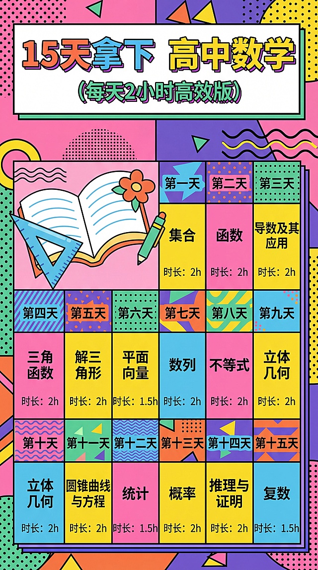 保留原图所有文字内容，生成孟菲斯撞色风格竖版学习计划表，保留全部文字和知识点安排