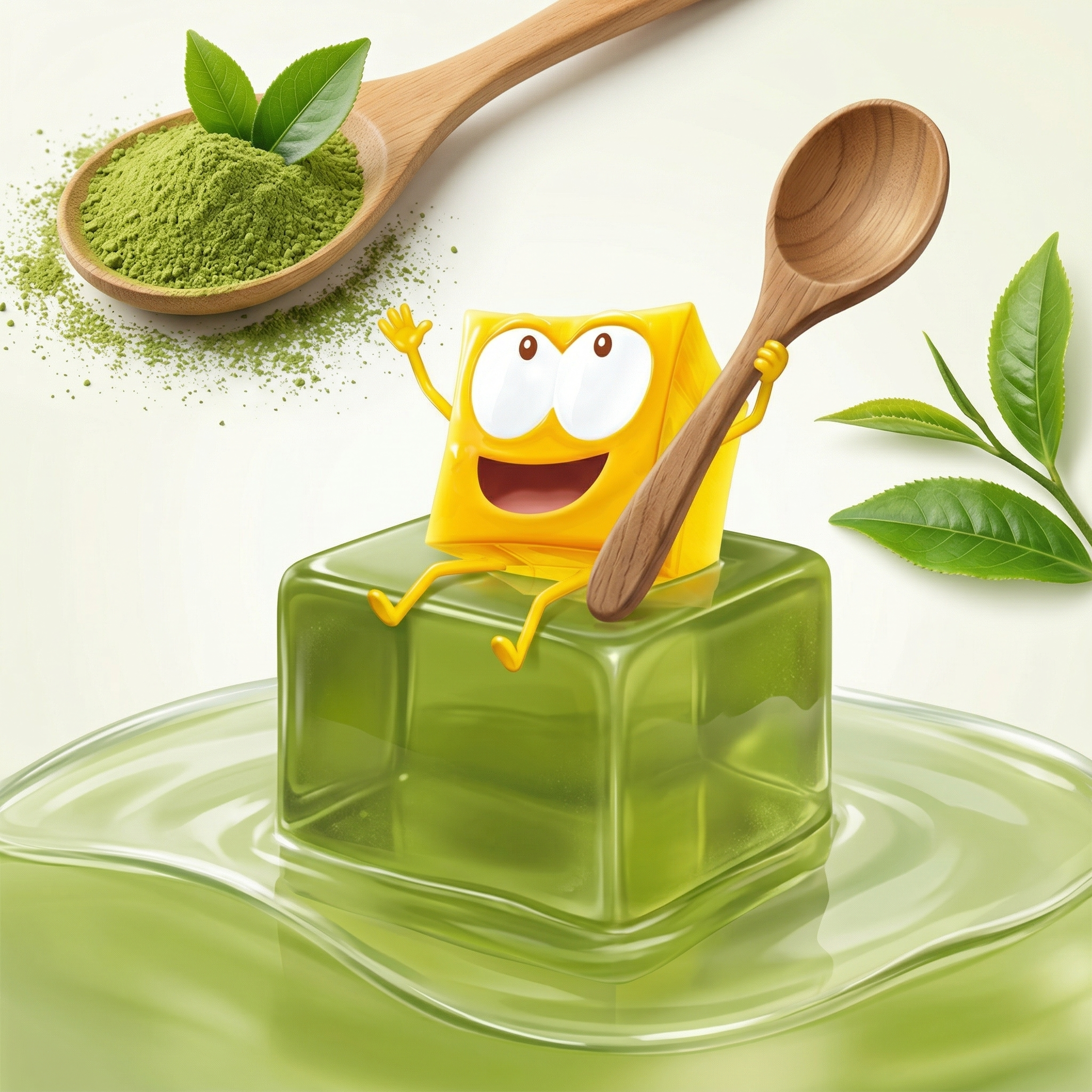 食品包装图，图中的黄色方块IP形象坐在方形半透明的绿色抹茶果冻… - 图片创意预览