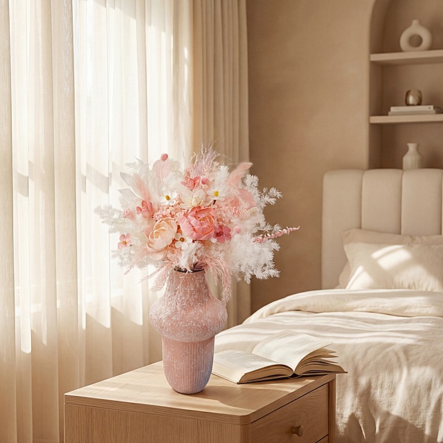 将这束花放置在卧室的浅木色床头柜上，保持花束和花瓶主体物理结构不变，花瓶形态不变。场景为温馨法式奶油风卧室，使用柔光箱漫射光，高明度暖调，柔和漫射光透过透光窗帘，画面有前中后景层次，阳光光斑点缀，床头柜上可搭配一本翻开的书作为装饰。商业高调摄影，整体氛围温暖治愈，保持产品清晰。负向提示词：瓶身扭曲、多余的部件、悬浮的物体、摄影灯、柔光箱、三脚架、水印、文字、昏暗光线、死黑阴影、畸变透视、比例失调
