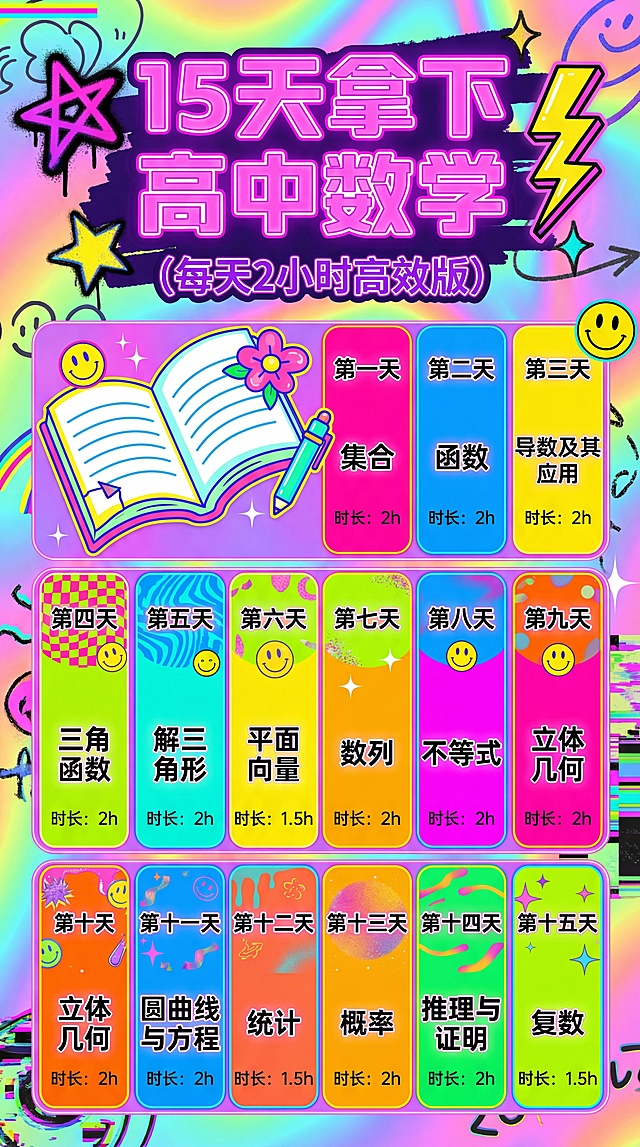 保留原图所有文字内容，生成甜酷多巴胺彩色风格竖版学习计划表，保留全部文字和知识点安排