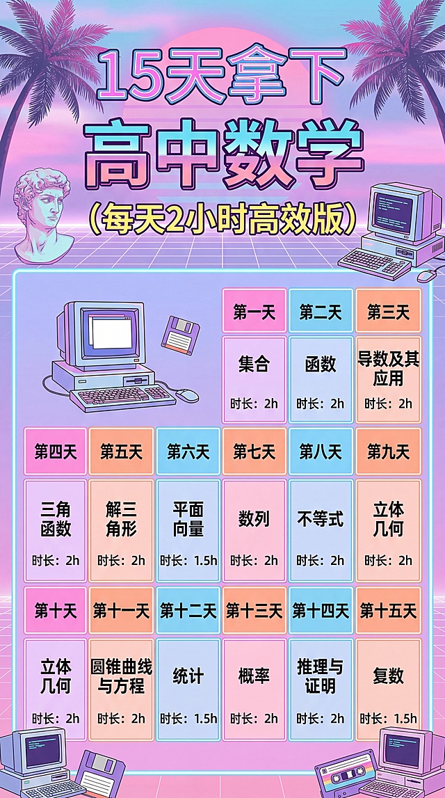 保留原图所有文字内容，生成蒸汽波复古风竖版学习计划表，保留全部文字和知识点安排