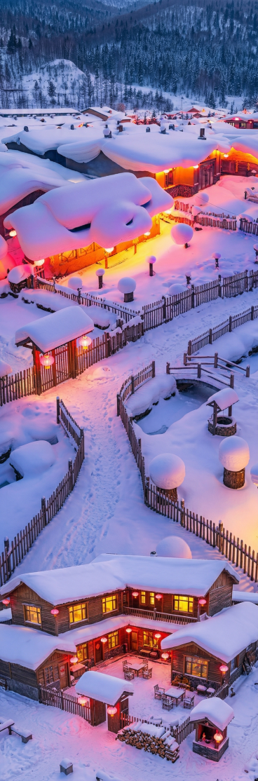 参考原图生成全新类似的雪乡风景高清图，不同构图，厚雪覆盖木屋屋顶，屋内透出暖黄色灯光，木栅栏小院，挂着红灯笼，梦幻冬日雪景，和原图风格一致，97厘米宽290厘米高，4K超高清预览效果