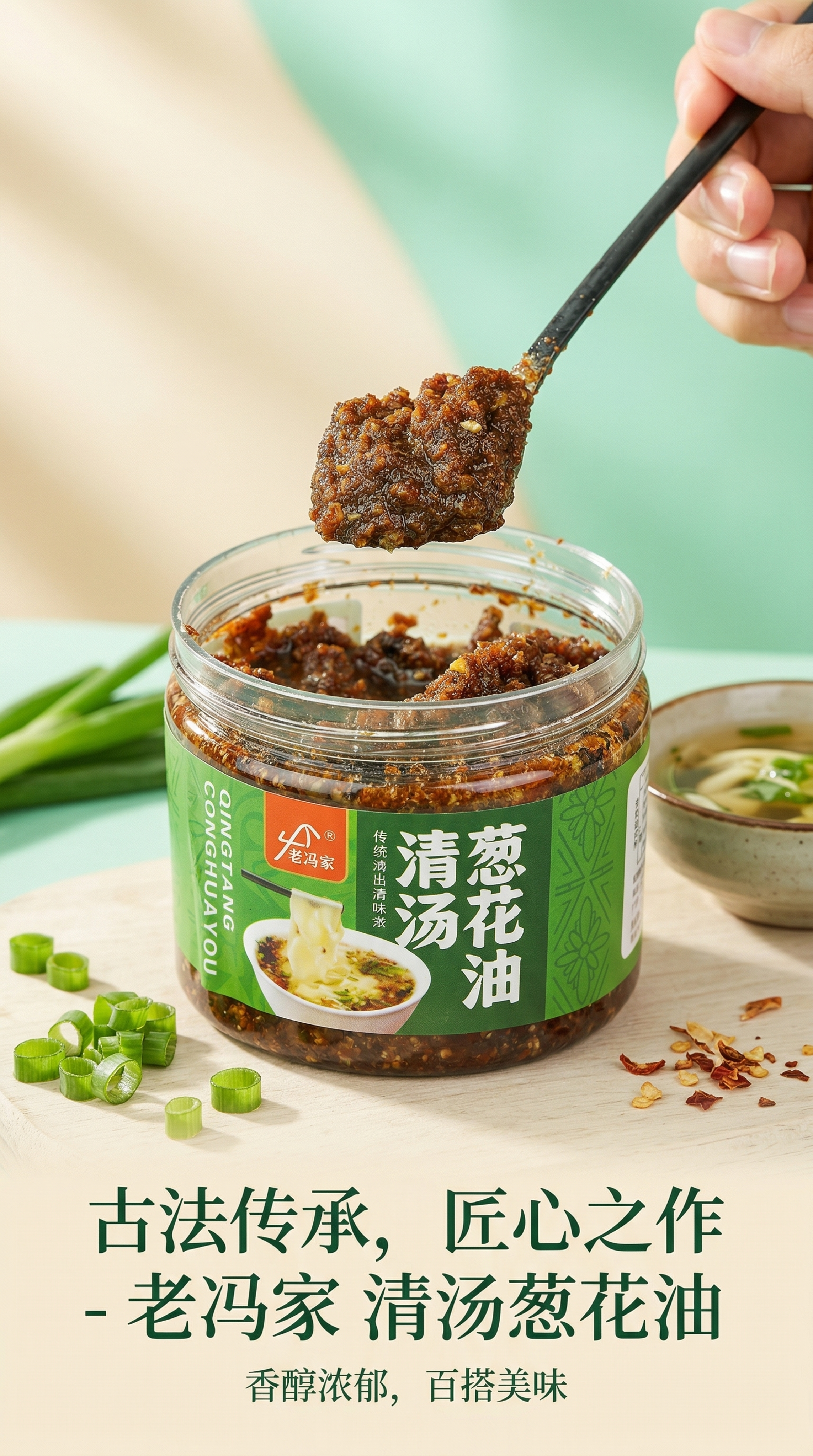 生成一张老冯家清汤葱花油的商品宣传海报，突出展示这罐酱料，勺子… - 图片创意预览