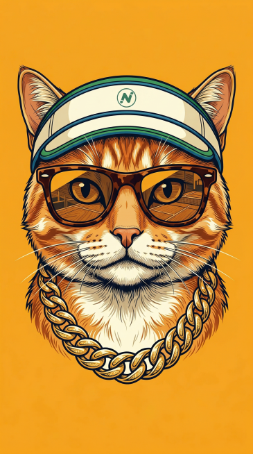 采用参考图的矢量插画风格，画面主体是一只橘猫，橘猫戴着网球帽，戴着墨镜，戴着金项链，橘猫头像居中，纯色橙黄色背景，线条清晰，复古潮流插画风格预览效果