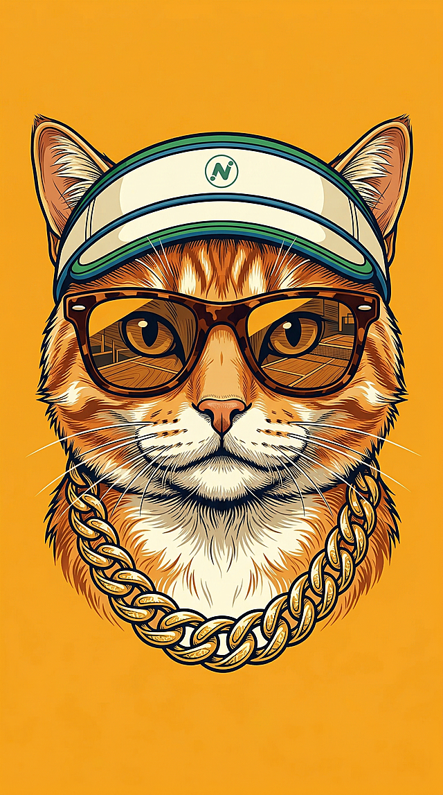 采用参考图的矢量插画风格，画面主体是一只橘猫，橘猫戴着网球帽，戴着墨镜，戴着金项链，橘猫头像居中，纯色橙黄色背景，线条清晰，复古潮流插画风格