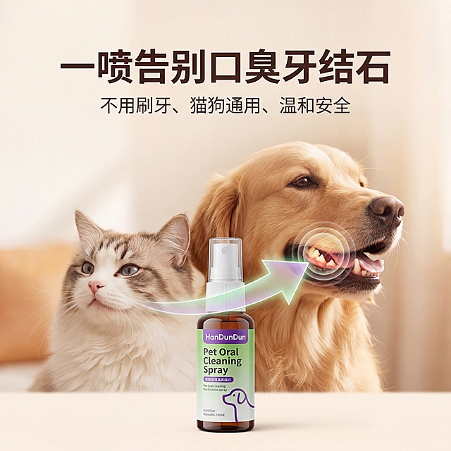 [主图 2] 功效场景化展示
[主图主题] 憨敦敦宠物口腔洁齿喷雾功效主图
[氛围/风格] 温暖治愈，轻松养宠氛围
[画面元素] 前景居中位置放置憨敦敦洁齿喷雾产品，背景是虚化的可爱金毛犬和猫咪微笑侧脸画面，用箭头清晰标注喷雾覆盖宠物口腔区域，整体画面突出产品解决口臭牙结石的核心功效
[配色色系] 温暖柔和暖色调，延续产品绿紫品牌色点缀
[视角构图] 平视构图，前景产品清晰，背景虚化突出景深，主体突出
[文字版式] 主标题“一喷告别口臭牙结石”字号最大，下方核心卖点“不用刷牙、猫狗通用、温和安全”字号稍小，所有文字悬浮于背景留白处，不遮挡主体，字体为干净无衬线体，整体排版层级清晰
[分辨率] 2k分辨率