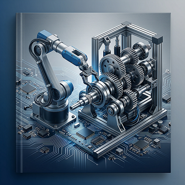 具有机电一体化技术专业特色的封面，不包含任何文字，融合机械齿轮、工业机器人、芯片线路等元素，工业科技风格，配色专业沉稳深蓝银灰渐变，专业简洁大气