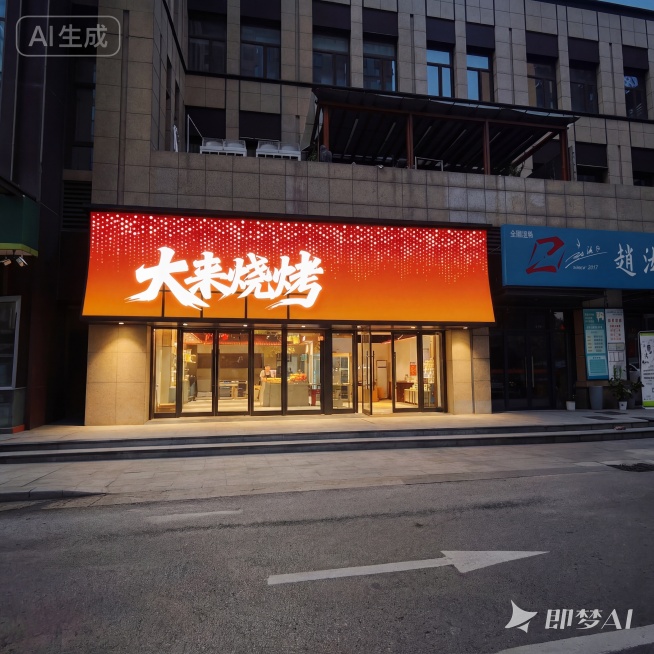 将这张门头效果图修改为夜间效果，门头文字做成发光字，黄橙色冲孔背板也添加发光效果，保留原设计的排版、结构和材质，整体呈现夜晚灯光氛围感预览效果