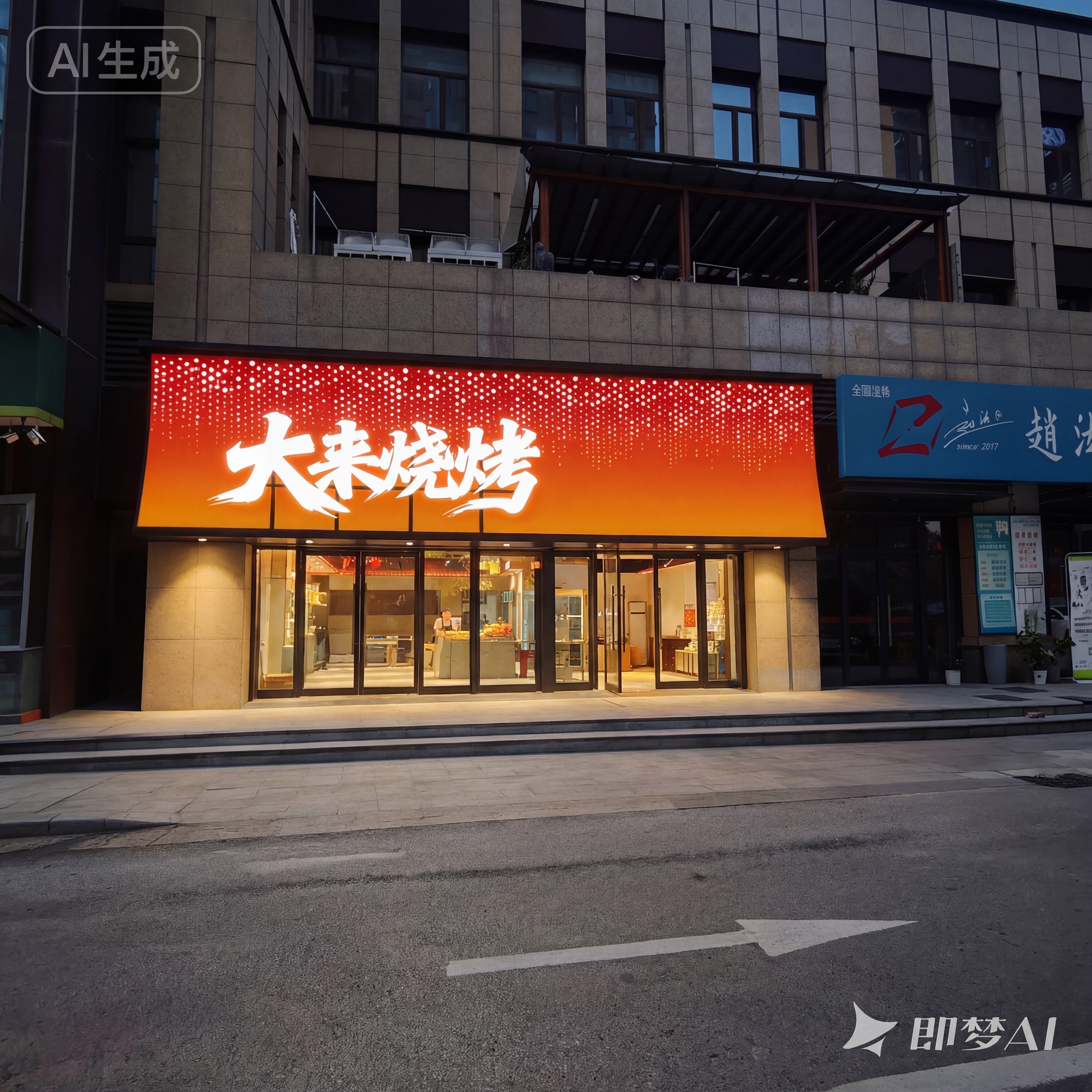 将这张门头效果图修改为夜间效果，门头文字做成发光字，黄橙色冲孔… - 图片创意预览