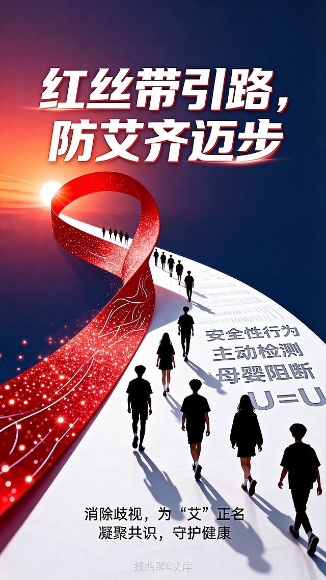 调整标题主标题"红丝带引路，防艾齐迈步"放大字体，将标题移动到人群前进方向的右侧空白处，保持海报其他设计元素和风格不变