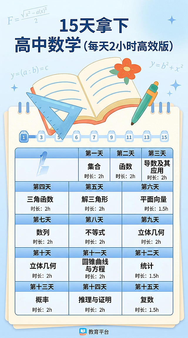 保留原图所有文字内容，重新设计排版为竖版海报，标题是“15天拿下 高中数学（每天2小时高效版）”，保留15天的学习安排表格和每天对应的知识点与时长信息，整体为清新蓝色学习计划表风格，保留书本三角尺的装饰元素