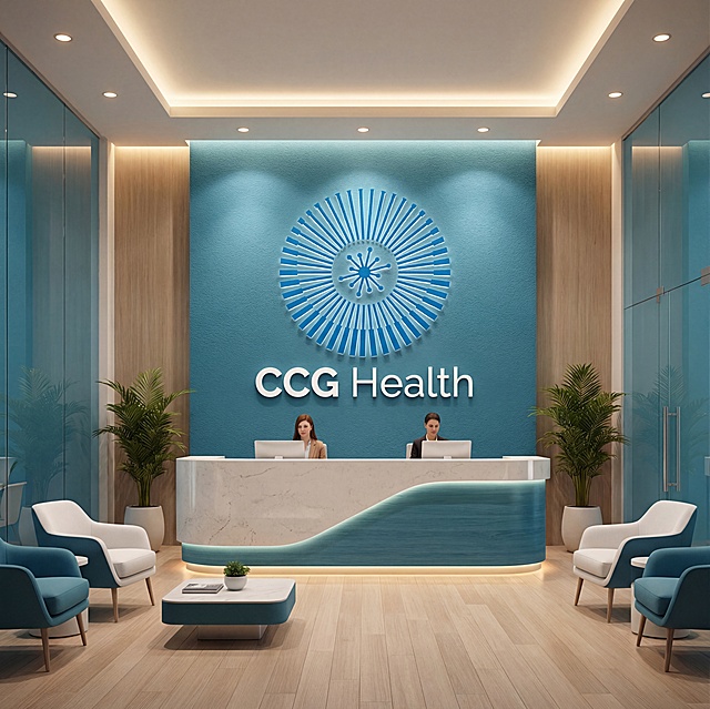 参考提供的海蓝色放射圆形LOGO，为品牌“CCG Health”设计公司前台，前台背景墙带有品牌LOGO和品牌名称“CCG Health”，主色调海蓝色，现代精致亲切风格，简约现代办公场景