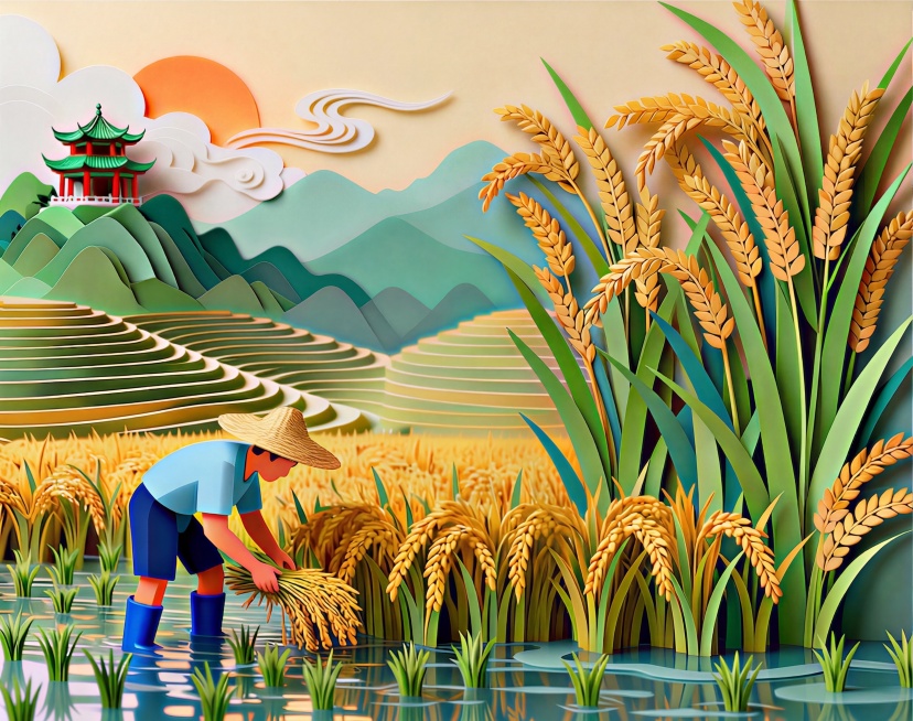 保留原图剪纸风格，农民稻田收割的全部构图元素，重新生成高清版本，提升画质质感，满足印刷需求，让色彩更明快鲜艳，细节更清晰丰富预览效果