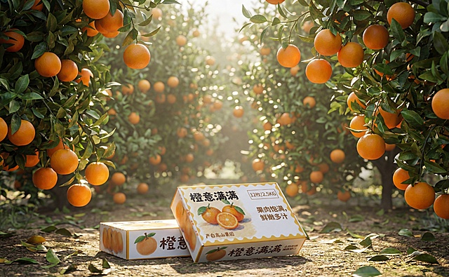 户外果园自然写实场景，将两个橙子包装盒放在前景，阳光午后柔和自然光，背景是成片翠绿橙树林，枝头挂满新鲜成熟橙子，橙子带翠绿新鲜枝叶，果皮鲜亮完整，天然果粉层次分明；地面散落少量新鲜落叶，空气通透朦胧感，逆光光影勾勒水果轮廓，写实微距细节，8K 超清，色彩自然原生，生鲜自然健康调性，治愈田园风，画面真实无滤镜