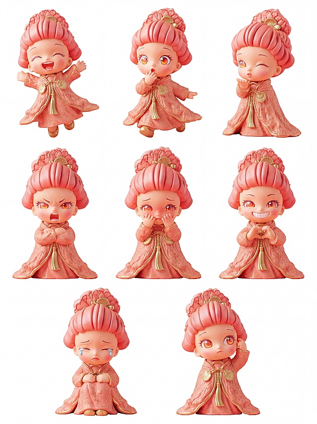 基于山茶妖IP进行形象动作延展，生成一套共8张不同表情和动态的设计，表情和动作幅度大，活泼夸张，保持角色原有发型和IP特征不变，比例3:4，纯白色背景，3D泡泡马特潮玩风格，OC渲染