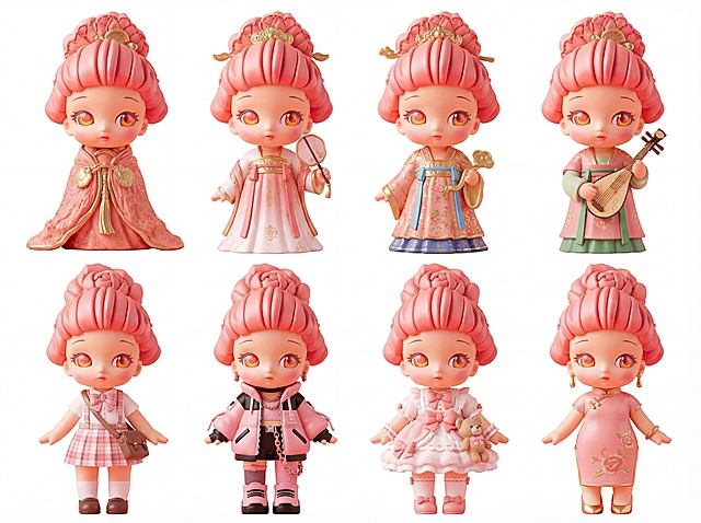 基于这个山茶妖IP角色，生成8种不同现代和古风风格的衣服搭配、配饰和造型，保持角色一致性，保持原图的粉色山茶发髻发型不变，风格包含可爱、甜酷、软萌，纯白色背景，3D泡泡马特潮玩风格，OC渲染