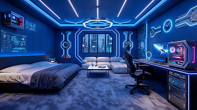 保持原图赛博朋克电竞房风格，蓝色霓虹灯带效果，保留床、沙发、电竞桌椅和电脑主机布局，高清8K，科技感未来感，细节丰富
