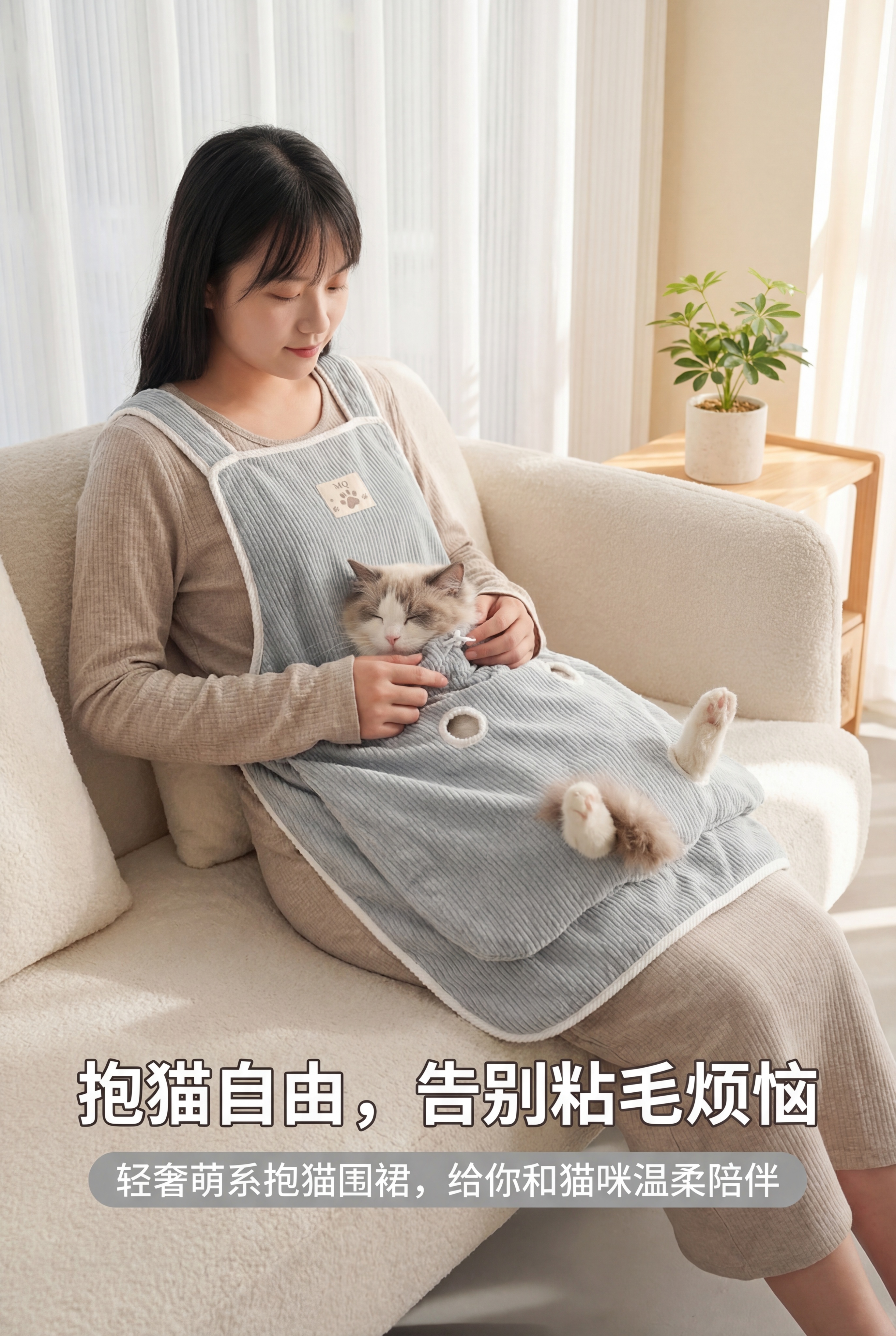 年轻气质女性坐在米色布艺沙发上，怀里抱着熟睡的布偶猫，穿着浅灰… - 图片创意预览