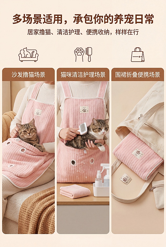 三小格分栏展示：1.沙发撸猫场景；2.猫咪清洁护理场景；3.围裙折叠便携场景，主标题"多场景适用，承包你的养宠日常"居中放置在画面顶部，副标题"居家撸猫、清洁护理、便携收纳，样样在行"位于主标题下方，搭配对应场景简约图标，严格还原抱猫围裙产品细节，场景多元化，排版整齐，暖调突出产品实用性与便捷性，避免场景杂乱拼接，避免文字过多，避免产品细节模糊，避免画面割裂，避免出现无关物品