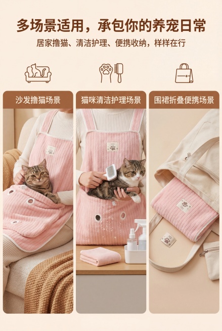 三小格分栏展示：1.沙发撸猫场景；2.猫咪清洁护理场景；3.围裙折叠便携场景，主标题"多场景适用，承包你的养宠日常"居中放置在画面顶部，副标题"居家撸猫、清洁护理、便携收纳，样样在行"位于主标题下方，预览效果