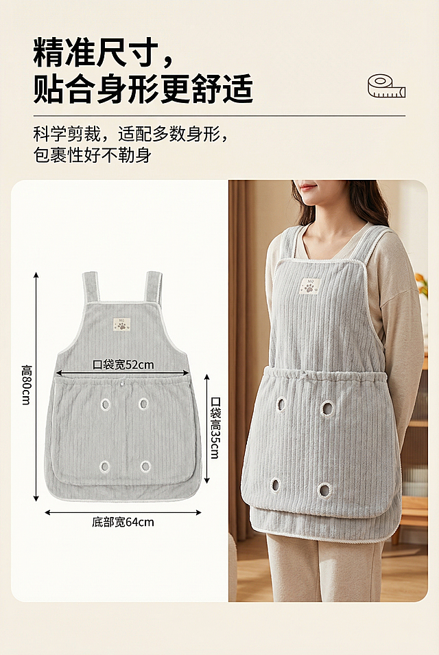 左侧为浅灰色抱猫服平铺尺寸标注图，清晰标注高80cm、底部宽64cm、口袋宽52cm、口袋高35cm，右侧为模特穿着展示贴合身形的效果，主标题"精准尺寸，贴合身形更舒适"左对齐放置在画面上方，副标题"科学剪裁，适配多数身形，包裹性好不勒身"位于主标题下方，搭配"尺寸测量"简约图标，严格还原抱猫围裙产品细节，信息直观清晰，排版整洁，暖调突出产品贴合度与舒适性，避免尺寸标注错误，避免产品细节模糊，避免文字过多，避免背景杂乱，避免出现无关测量工具