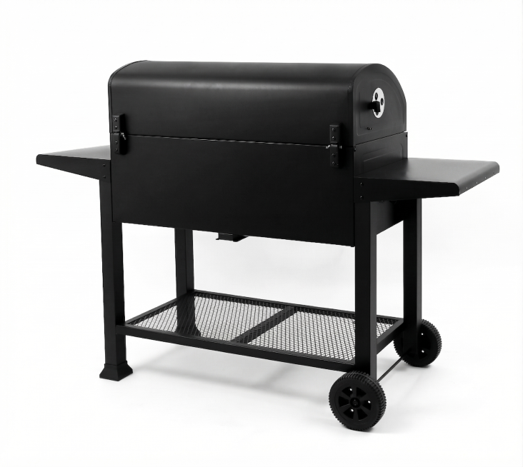 放置在纯白色平面上，保留原图背景，要求光线均匀，去除所有指纹、灰尘与瑕疵，精修为全新的产品，增强光影，提升整体质感和高级感，突出产品精致感，精准还原产品角度和颜色与材质，绝对锁定原图烧烤炉黑色金属哑光预览效果