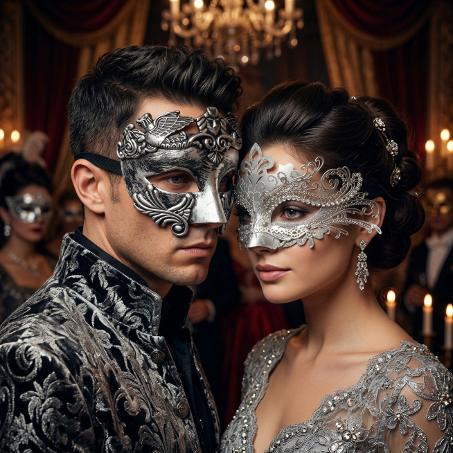 欧美情侣近景人像，男生佩戴图1的复古银黑色雕花面具，女生佩戴图2的镂空银色水钻面具，搭配风格匹配的复古礼服，假面舞会场景，特写展示面具，氛围神秘浪漫，画质细腻清晰预览效果