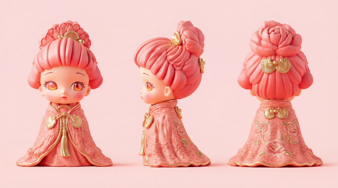 将这个山茶妖胭脂雾款Q版潮玩IP生成三视图，整合到一张图中，依次排列正面、侧面、背面三个视角，保留原IP的所有设计特征：烟粉胭脂哑光质感的山茶花瓣纹理发型、浅金细闪装饰、带山茶团花刺绣的明制披风、哑光预览效果