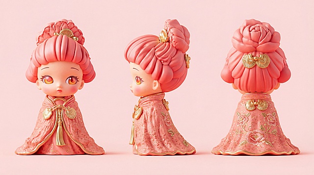 将这个山茶妖胭脂雾款Q版潮玩IP生成三视图，整合到一张图中，依次排列正面、侧面、背面三个视角，保留原IP的所有设计特征：烟粉胭脂哑光质感的山茶花瓣纹理发型、浅金细闪装饰、带山茶团花刺绣的明制披风、哑光树脂材质、Q版可爱泡泡马特风格，浅色背景，OC渲染，3D立体