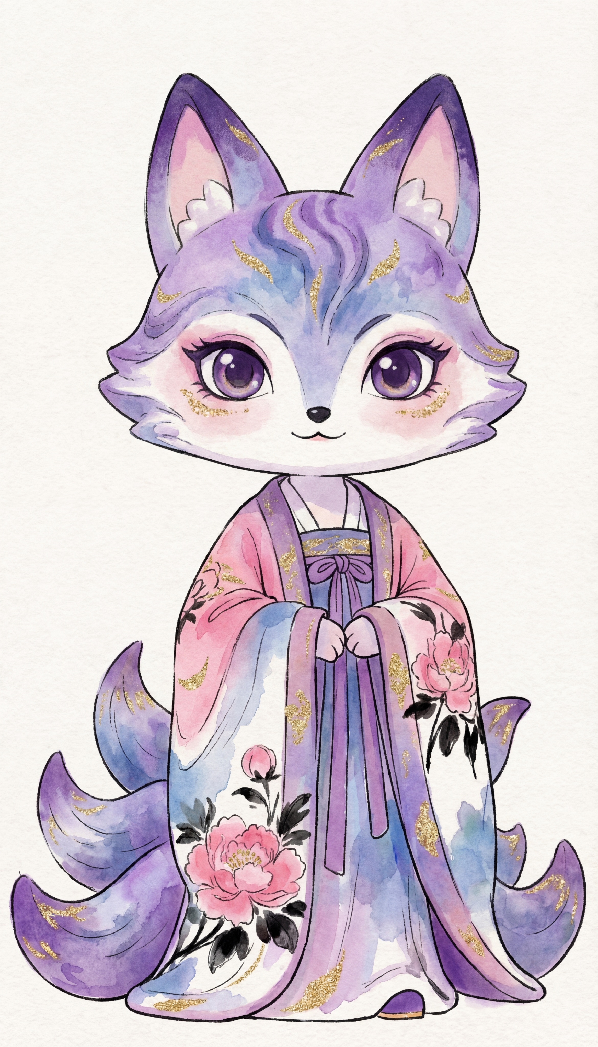 参考这张图片的九尾狐形象，生成纯正面视角的扁平手绘插画，保留原… - 图片创意预览