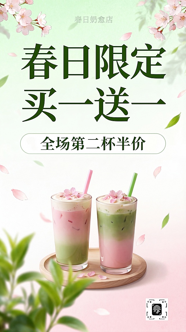 在海报中间空白位置添加两杯粉绿渐变的奶茶饮品，保持整体清新治愈风格，淡绿加浅粉色樱花主题不变，保留原有文字"春日限定买一送一"和"全场第二杯半价"，风格统一协调，高清商用